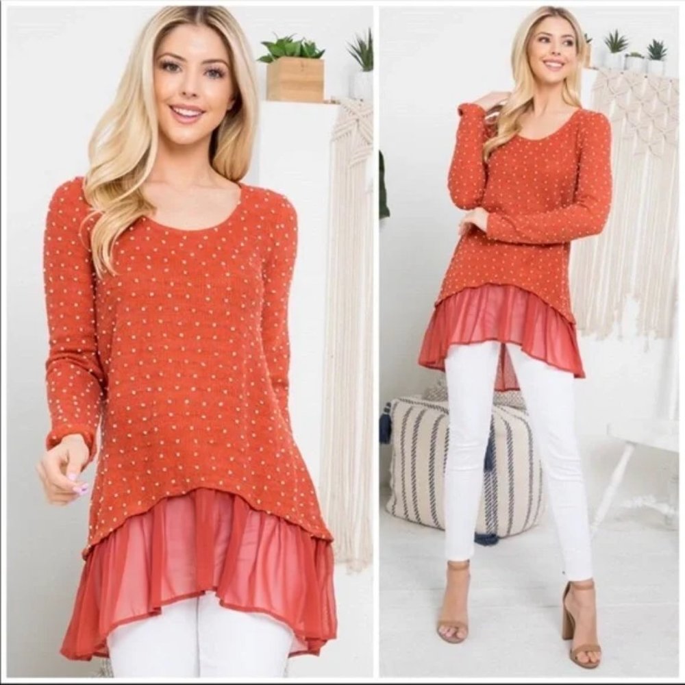 SALE 🆑️NEW Rue A'VERE Rust/Orange Gorgeous Light Sweater with Chiffon bottom
